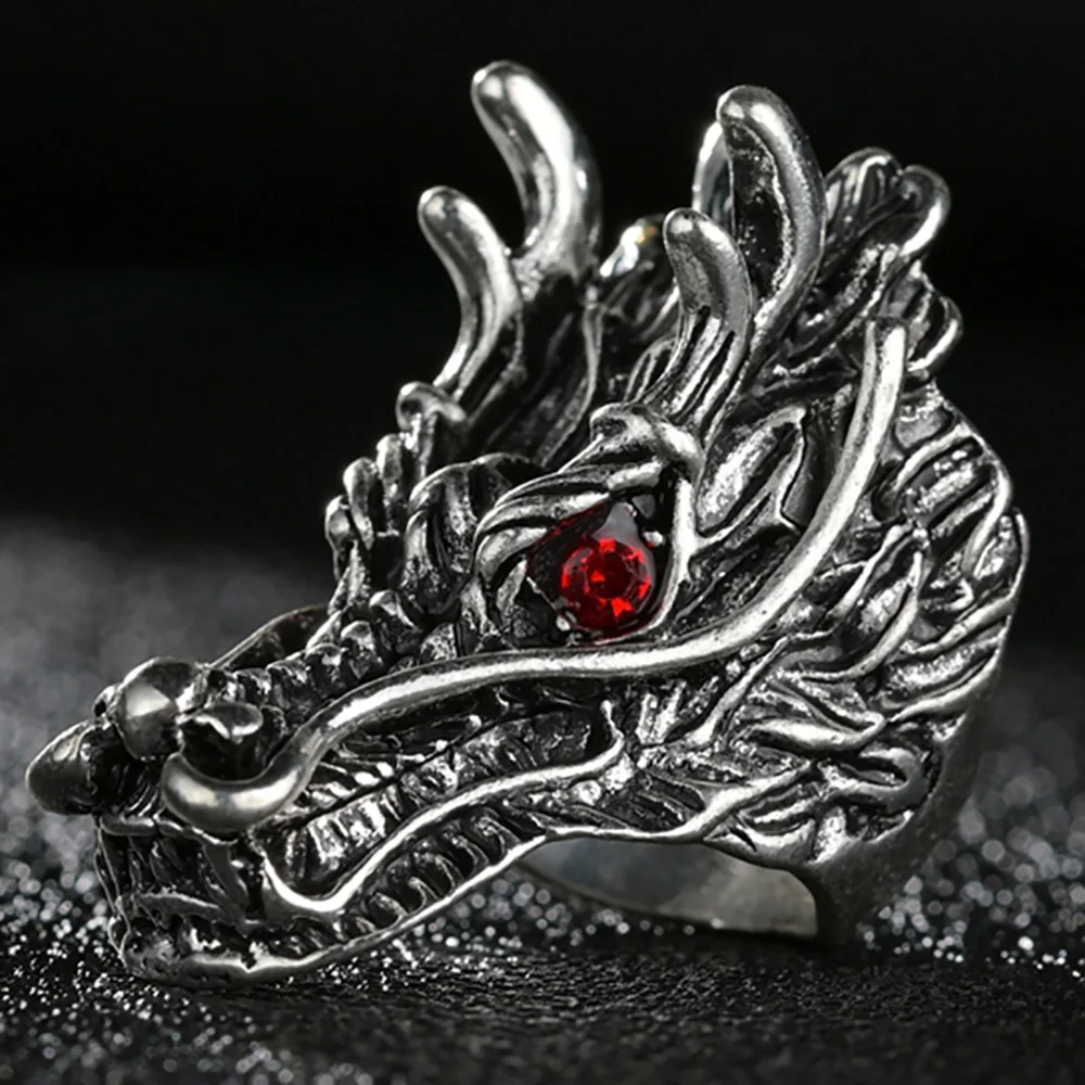 Fashion Vintage Silver Dragon Ring Red Evil Eye Crystal Uomo Donna Birthday Finger Gift Punk Rock Jewelry