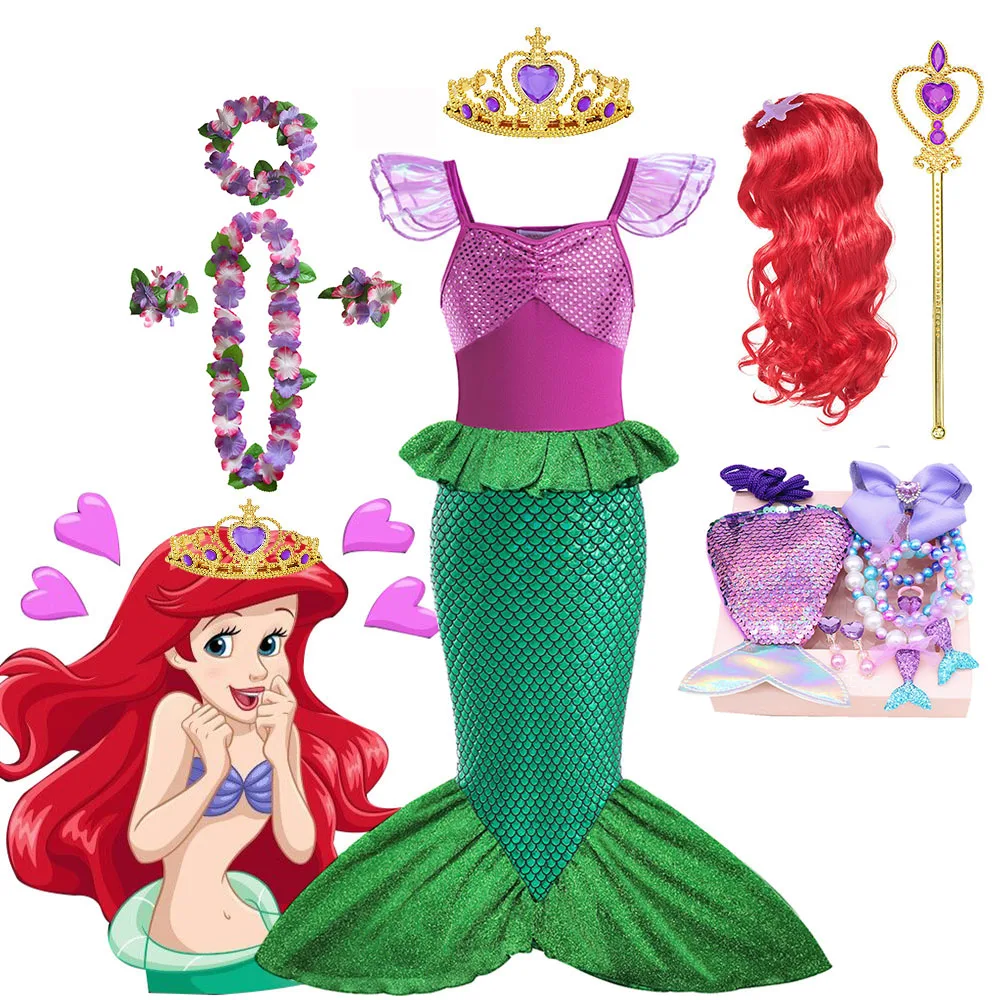 Disney Little Mermaid Costume Kids Girl Ariel Princess Cosplay Holiday Beachwear Baby Girl Birthday Party Gowns Abiti Estivi