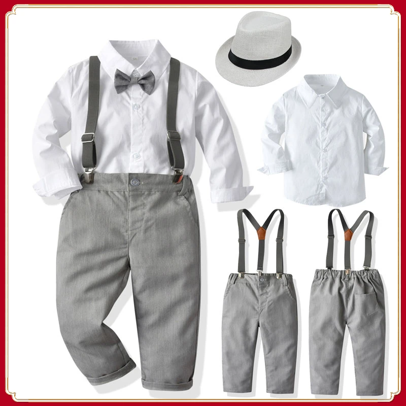 Gentleman Suits Kids Clothes Set For Boys Wedding Birthday Polo Camicia A Maniche Lunghe Top + Pantaloni Con Bretelle Grigie Baby Boss Costume