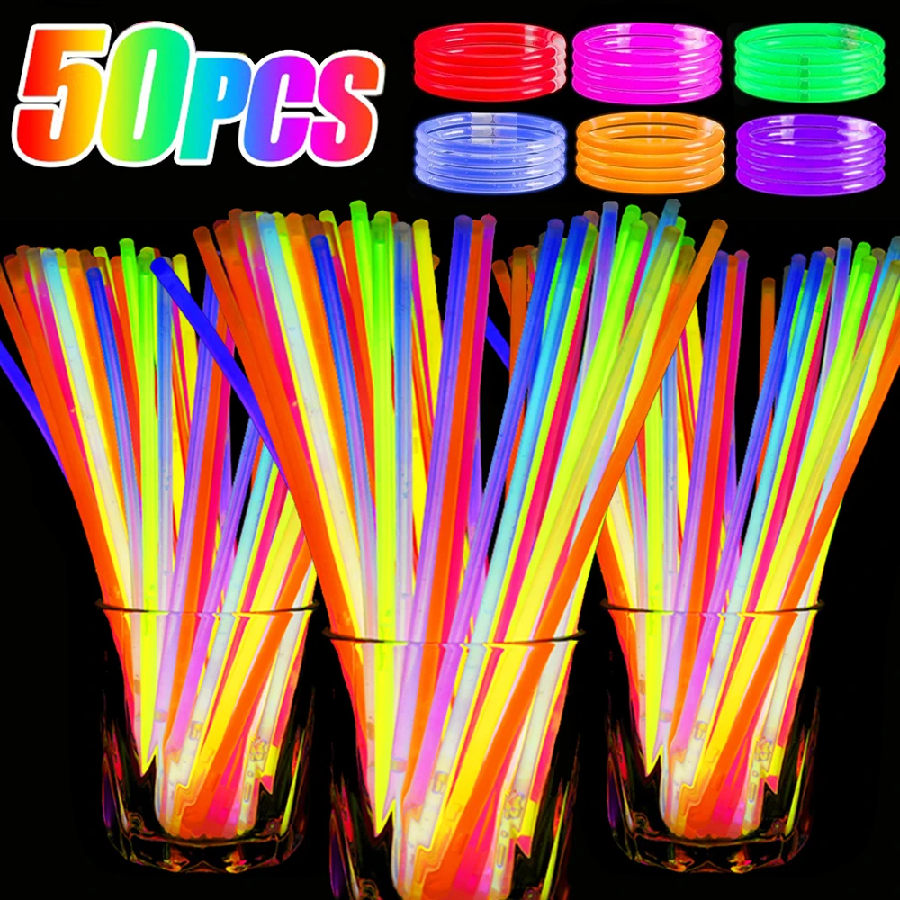 50/1Pcs Party Glow Sticks Fluorescenza Light Glow In The Dark Bracciali Collana Colorful Glowing Stick Xmas Wedding Party Decor