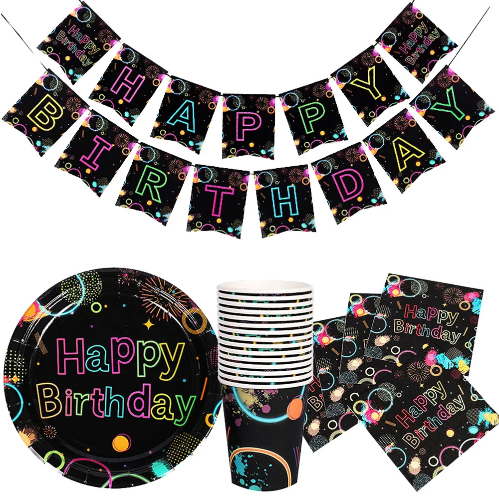 Glow Party Supplies Neon Party Stoviglie Glow Neon Paper Plate Cup Tovagliolo 80S 90S Neon Birthday Party Black Light Party Decor