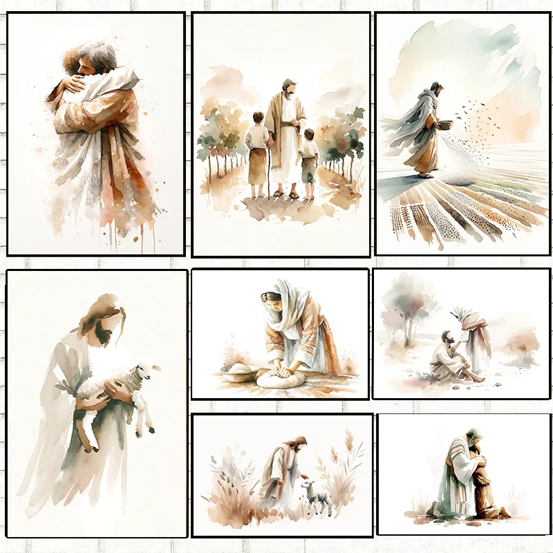 Acquerello The Fables Of Jesus Poster The Lost Sheep Sower Prodigal Leaven Canvas Painting Christian Wall Art Picture Home Decor