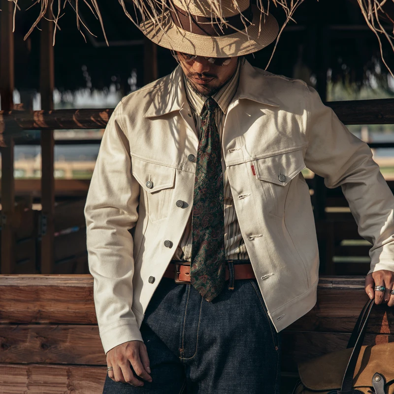 Red Tornado Type 3 Trucker Jean Jacket Cappotto In Denim Da Uomo Slim Fit Bianco Primavera