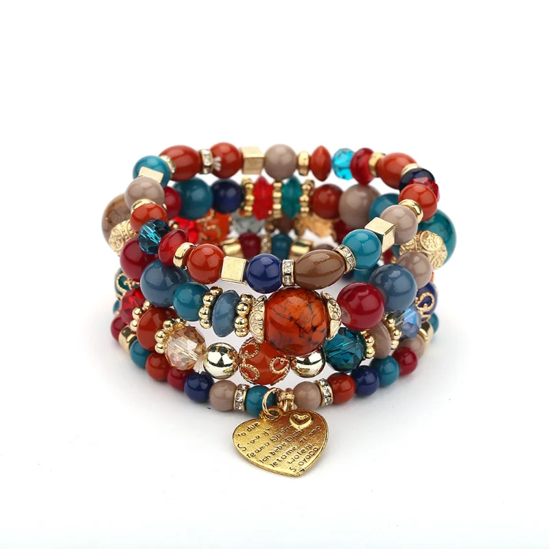 Boho Charm Crystal Peach Heart Beaded Bracciale Set Ladies Color Multistrato Stretch Rice Bead Bracciale Gioielli Vintage All'Ingrosso