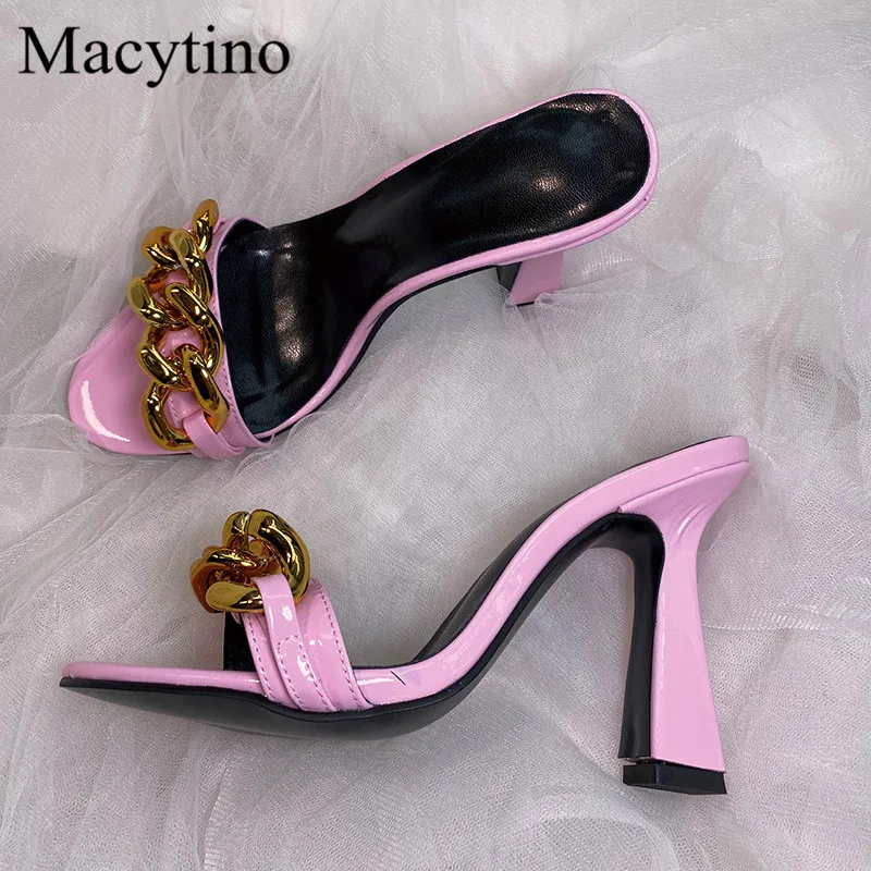 Pantofole Tacco Alto Da Donna Con Decorazione A Catena In Metallo Punta Tonda Sandali Tacco Alto Tacco Alto Pantofole Tacco Alto Moda Festa