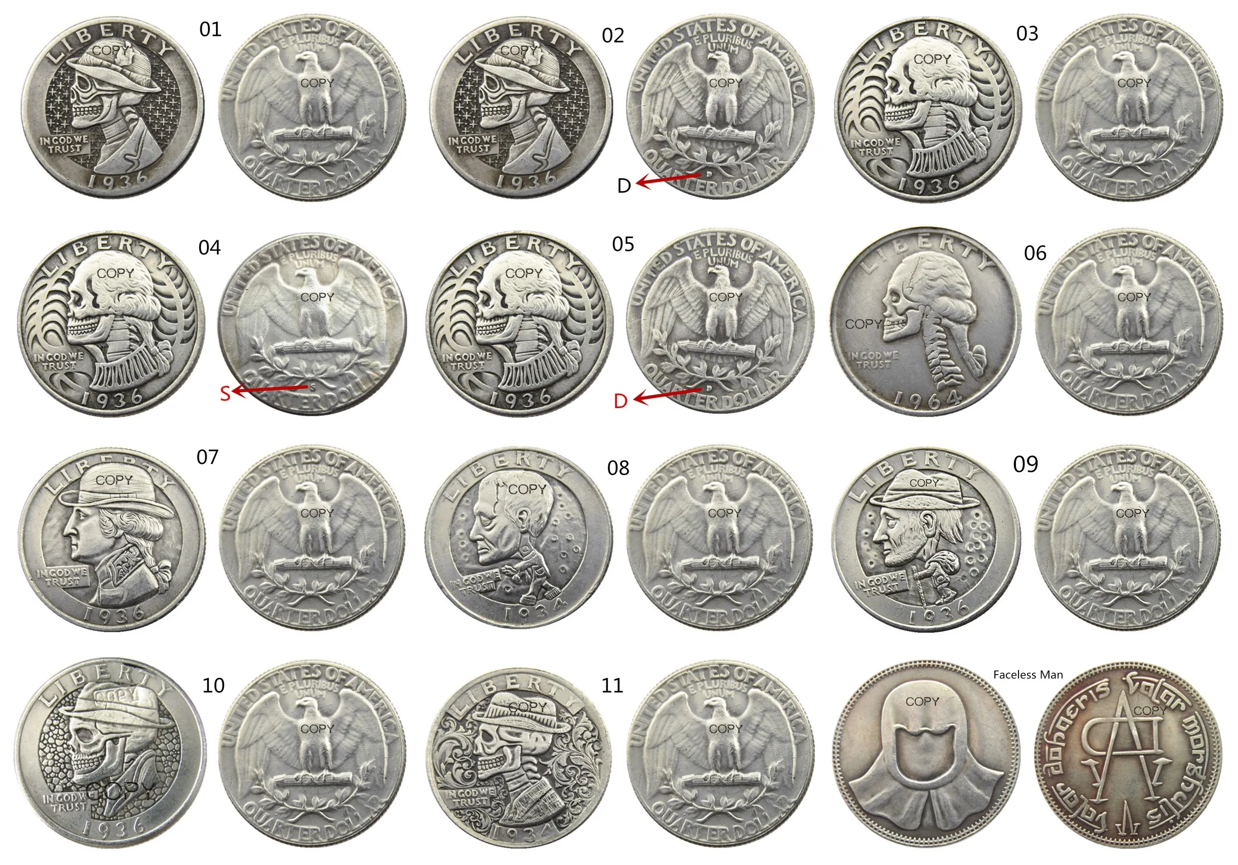 Us Hobo Mix 12 Pezzi Diversi Tipi Washington Quarter Dollars Faceless Man Skull Zombie Skeleton Argento Placcato Copy Coins