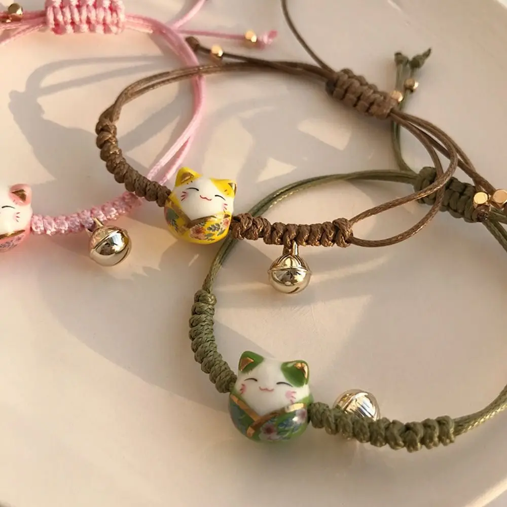 Fashion Ceramic Maneki Neko Lucky Red Cat Handmade Rope Bracciale Bell Trendy Jewelry Regolabile Women Girls