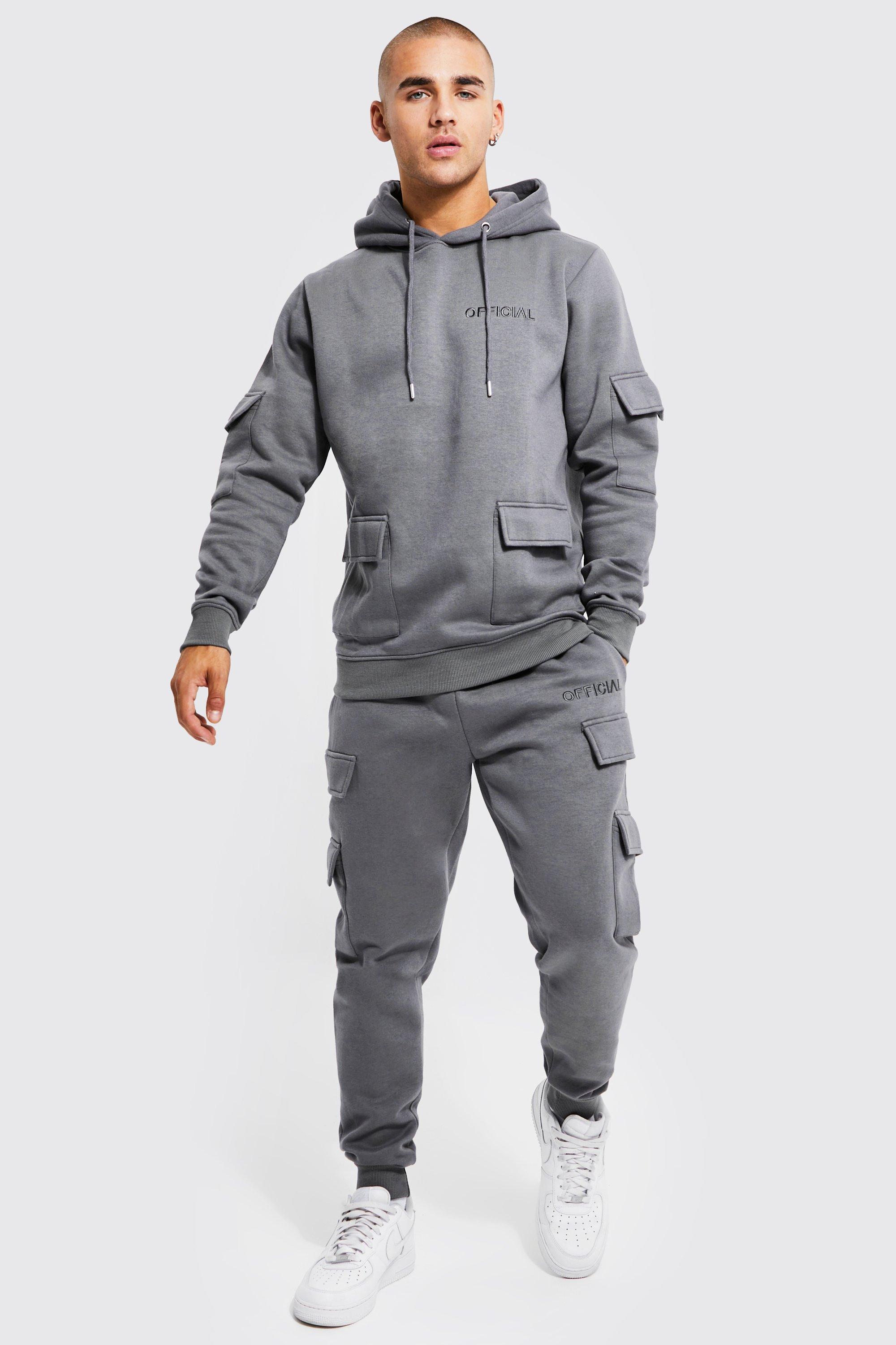 Tuta sportiva Official Man stile Cargo con pannelli e cappuccio, Grigio