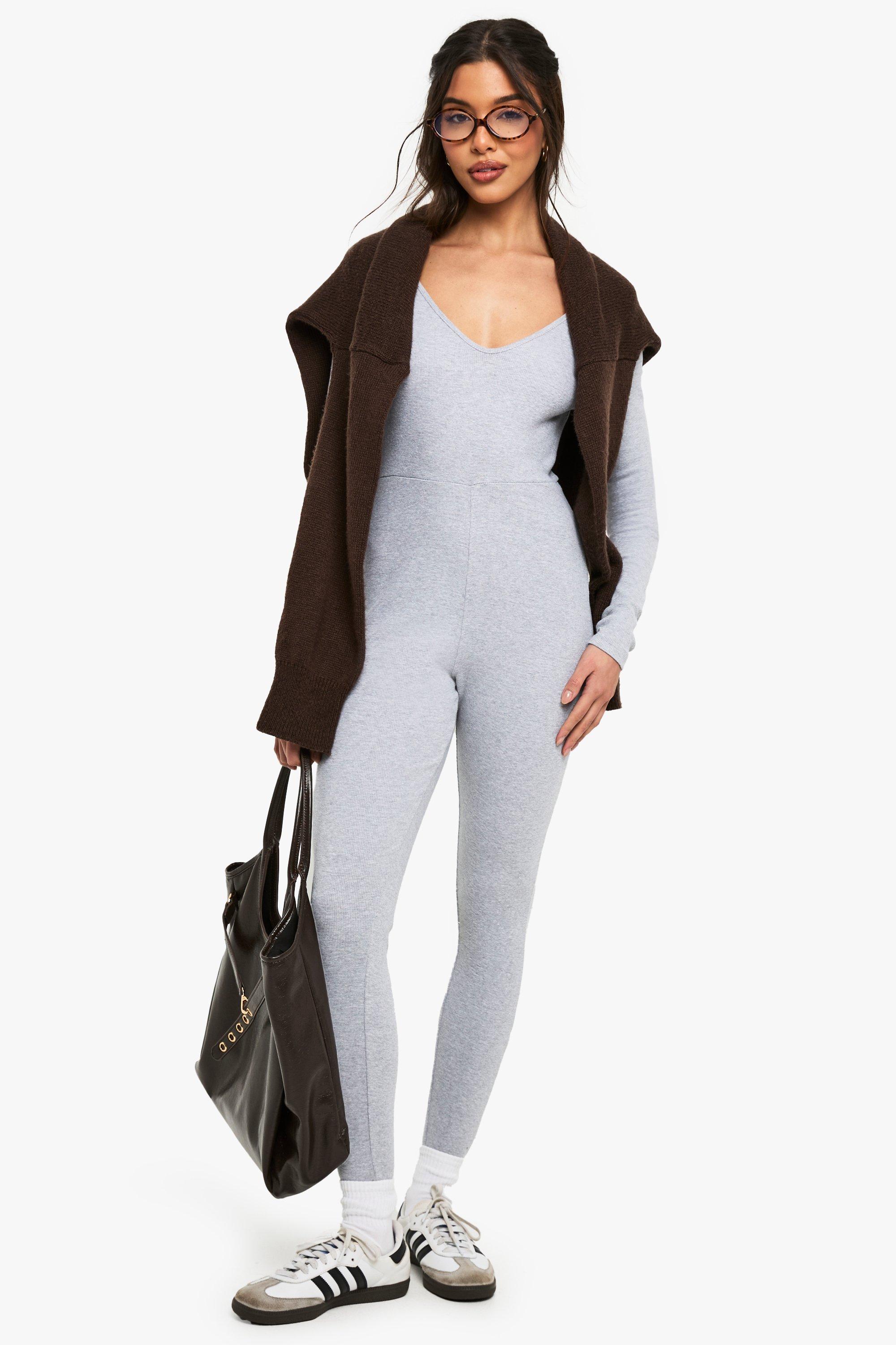 Basic Rib Plunge Unitard Jumpsuit, Grigio