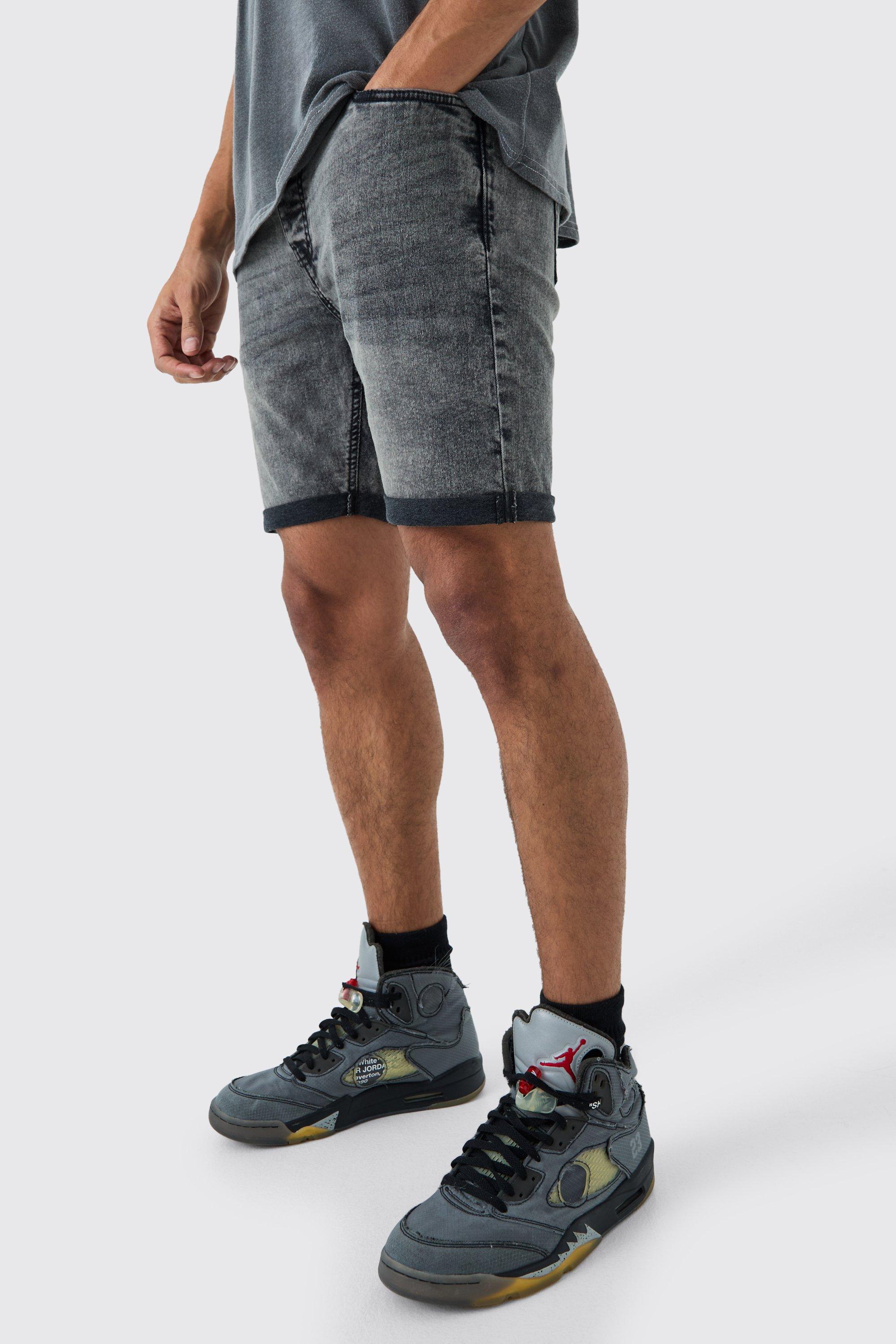 Skinny Stretch Denim Shorts In Charcoal, Grigio