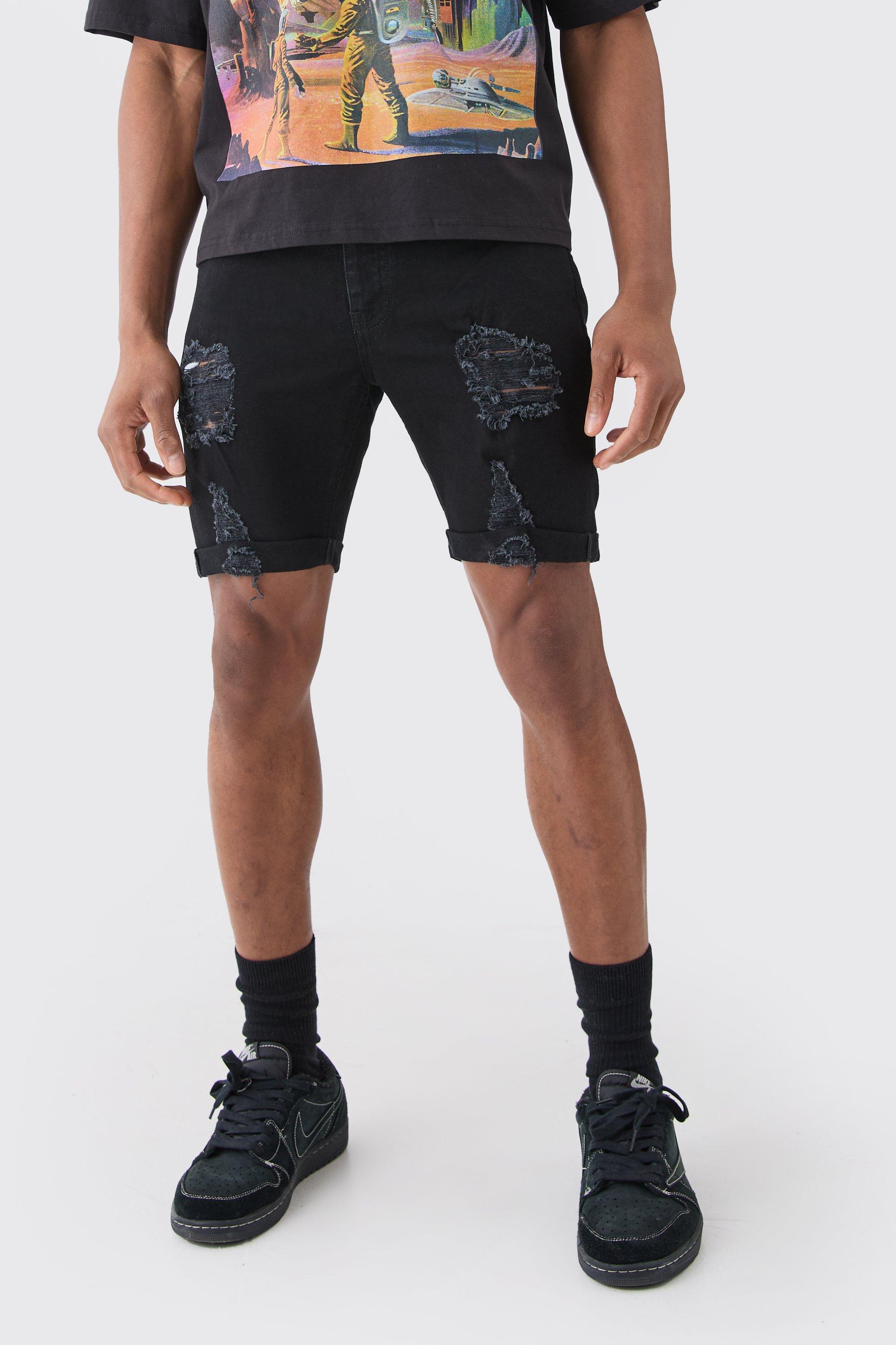 Skinny Stretch Distressed Denim Shorts In Black, Nero