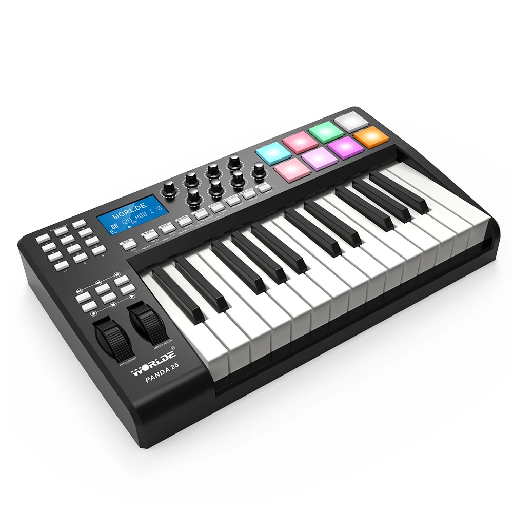 Worlde Mini Controller Midi A 25 Tasti Controller Tastiera Midi Usb Compatto 8 Cuscinetti Trigger Retroilluminati Colorati Rgb Con Cavo Usb