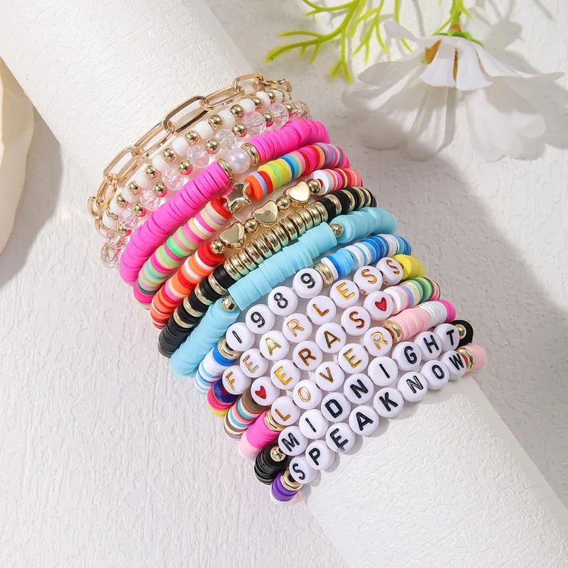 14Pcs Taylor Friendship Bracciale Swift Ts Clay Beads Collezione Di Album Musicali Braccialetti Dell'Amicizia Per Gli Amanti Dei Fan Del Tour Di Eras