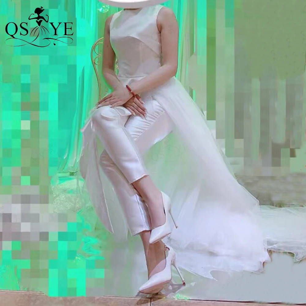 Qsyye White Mikado Prom Dresses Pantaloni Long Celebrity Dress Tute Senza Maniche Pieghe Peplo Vita Tulle Wedding Prom Gown Women