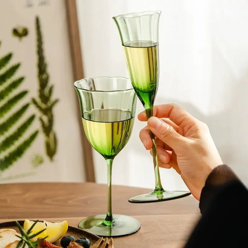 Nordic Retro Flower Bicchieri Da Vino Set Di Tazze Da Champagne Calice Di Cristallo Bicchiere Da Cocktail Bicchiere Da Martini A Coste Rosa Verde Bicc