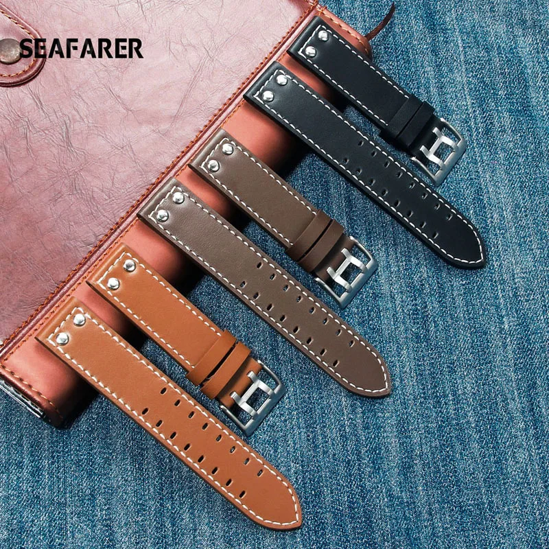 20 Mm22Mm Cinghie In Pelle Con Foro A Doppia Fila Per Hamilton Seiko Watch Band Rivet Mens Military Pilot Khaki Field Aviation Watch Belts