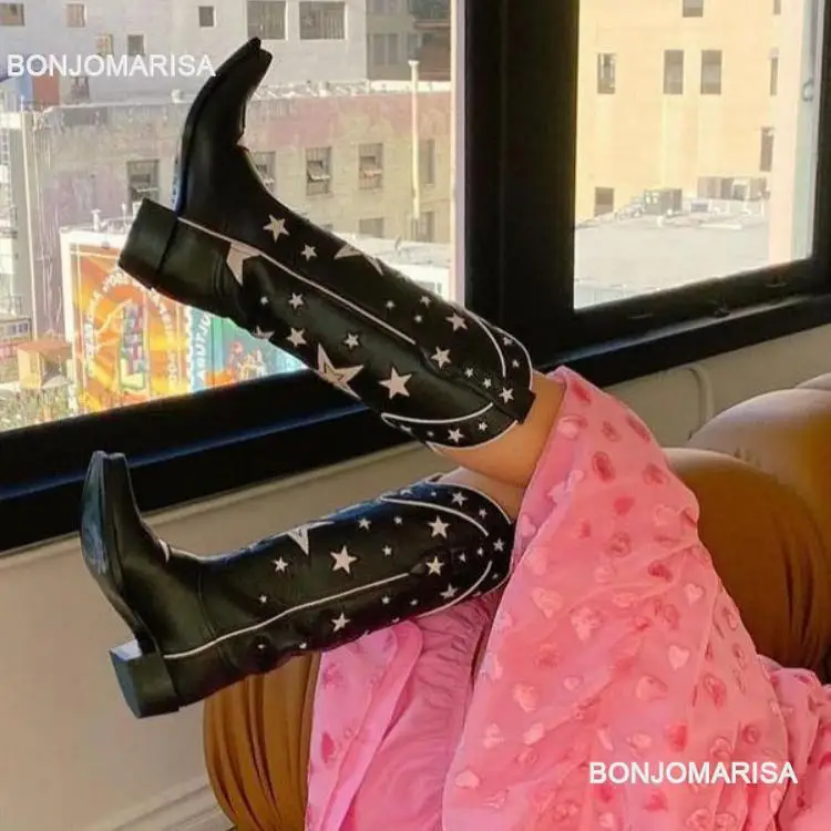 Stivali Western Da Donna Scarpe Con Tacco Grosso Alla Moda Ricamate Donna 2022 New Star Design Slip On Cowboy Cowgirl Boots Black Brand
