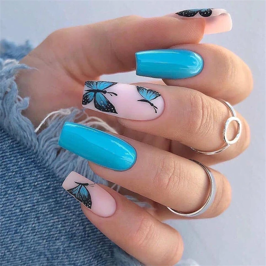 24 Pz/Set Blue Butterfly Coffin Unghie Finte Art Long Flat French Press On Nail Tips Forniture Per Unghie Rimovibili In Acrilico Artificiale