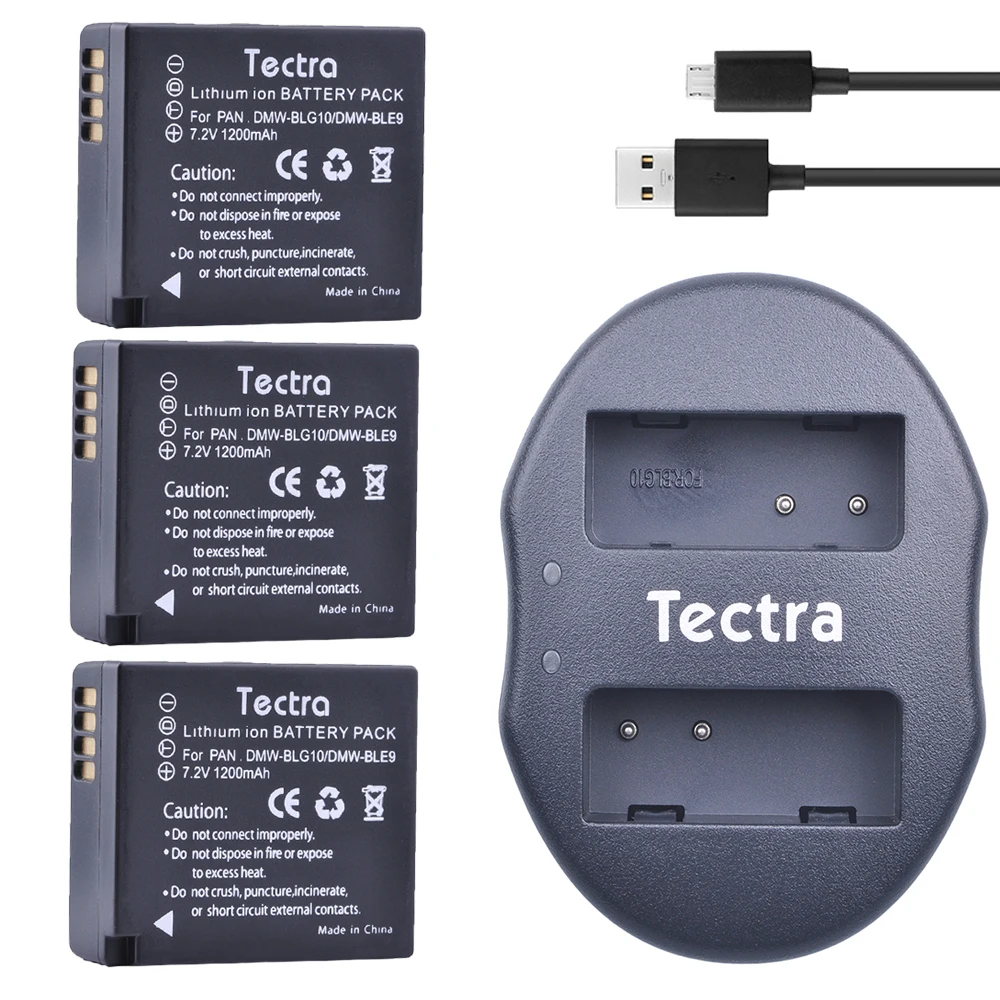 Tectra 3 Pz Dmw-Blg10 Dmw-Ble9 Bp-Dc15 Bpdc15 Battery + Usb Caricatore Doppio Per Panasonic Lumix Gf6, Gx7, Gx80, Gx85, Gx7 Mark Ii, Lx100