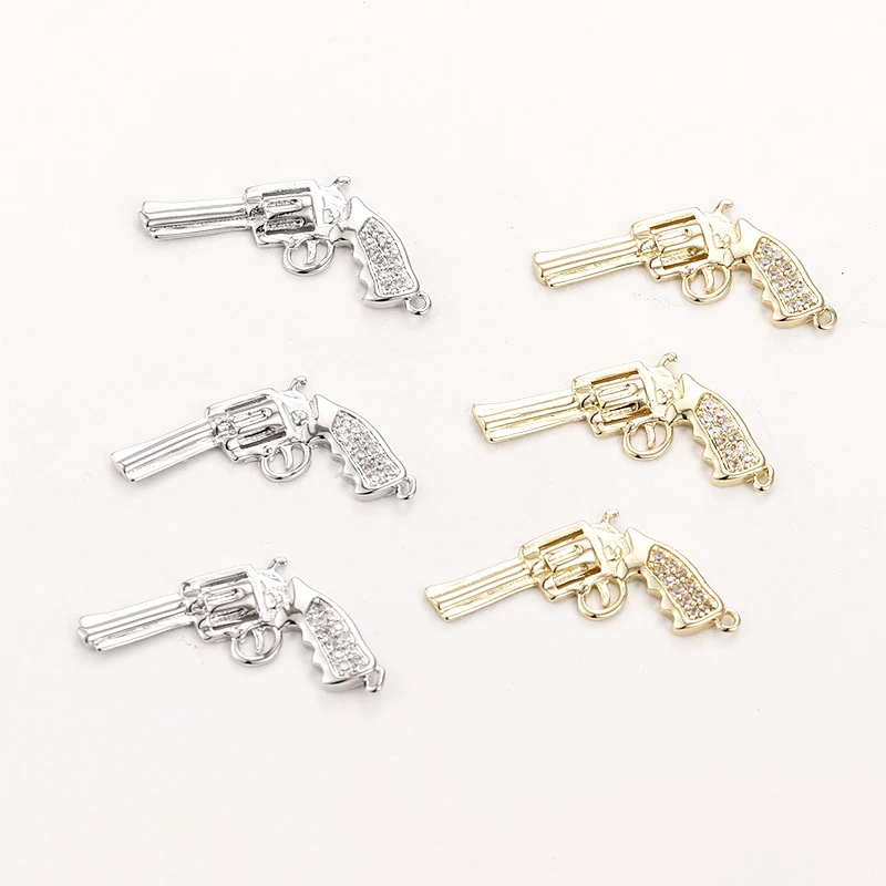 3Pcs Copper Plated 14K Gold Punk Wind Inlaid Zircon Pistol Pendant Diy Handmade Bracelet Jewelry Earrings Accessories Materials