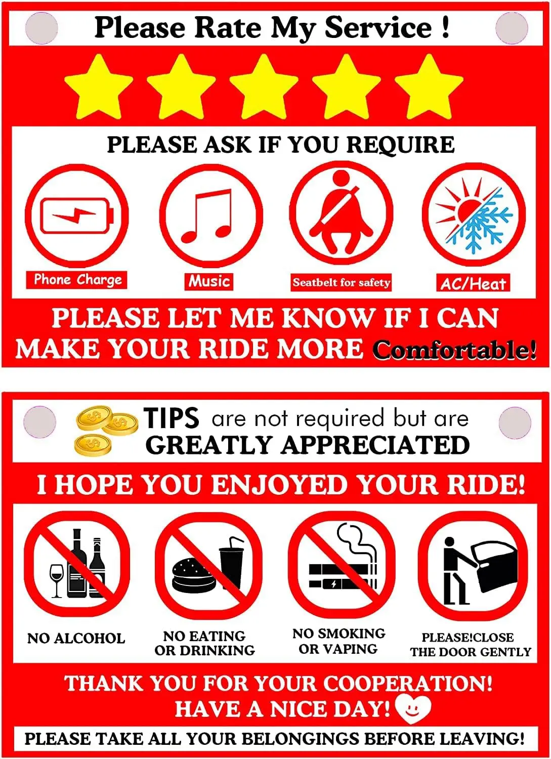 4 Pezzi Di Valutazione Del Conducente Segni Apprezzati Ride-Share Driver Signs Tip No Smoking Sign 4 "X 6" Large Rate Me 5 Star Tipping Sign