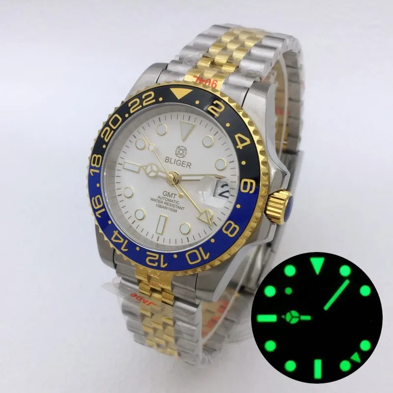 Bliger 40Mm Rootbeer Gmt Orologio Da Uomo Nh34 Movimento Automatico Braccialetto Cassa In Oro Bicolore Di Lusso Quadrante Bianco Vetro Zaffiro Luminos