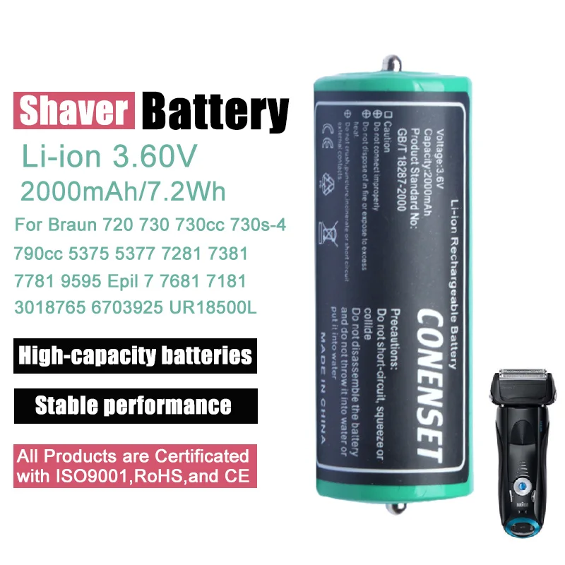 Batteria Ur18500L 2000Mah Per Braun 9 9465Cc, 9325S, 9385Cc, 9390Cc/Serie 8 8370Cc, 8365Cc, 8417S, 8350S/Serie 7 790Cc