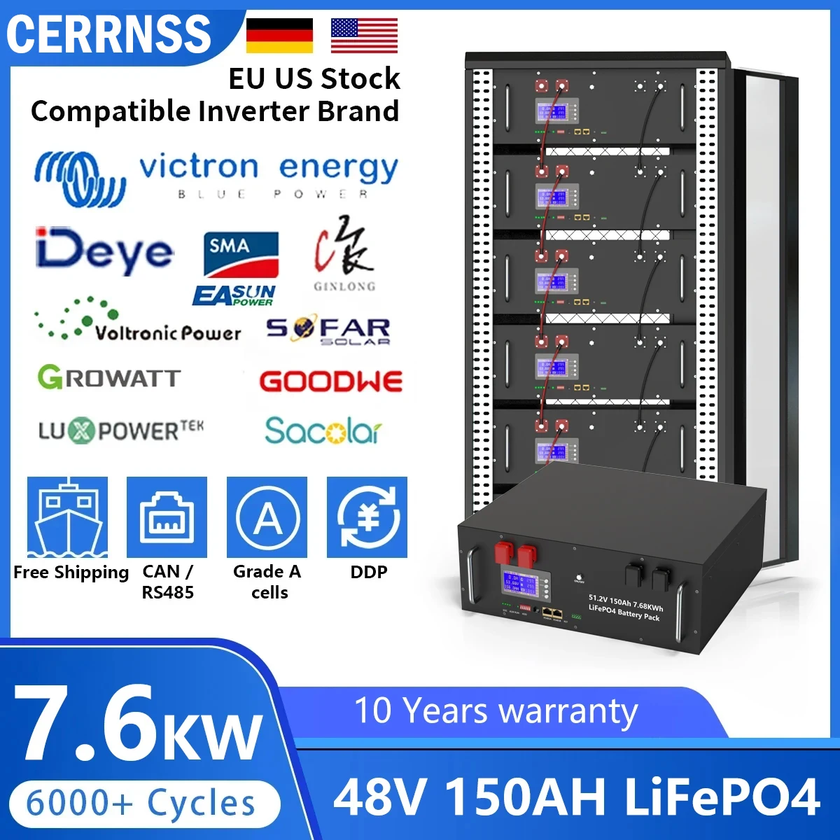 Batteria 48V 150Ah Lifepo4 Batteria Al Litio 51.2V 200Ah 100Ah 50Ah 6000 + Cicli Per Camper Solare Off-Grid 48V Lifepo4 Senza Tasse