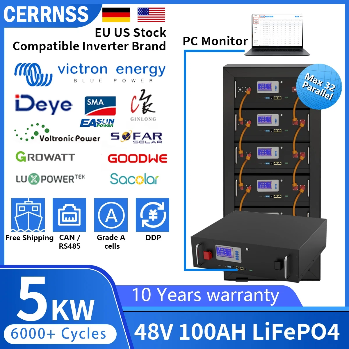 Lifepo4 48V 100Ah Pacco Batteria 51.2V 200Ah 120Ah 50Ah Batteria Al Litio 6000 + Cicli Per Casa Rv Solare Off-Grid 48V Lifepo4 Nessuna Tassa