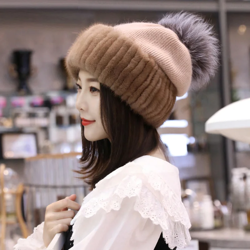 Moda De Malha Senhoras Real Vison Pele Berretti Boné Inverno Chapeu Feminino Quente Natural De Pele De Vison Chapeus De Pele Elas