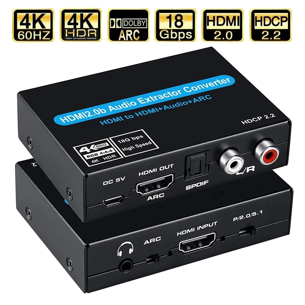 4K 60Hz Hdmi 2.0 Estrattore Audio 5.1Ch Hdmi 2.0 Hdmi A Hdmi Audio Arc Switch, Con Audio Link Stereo, Switch Audio Adattatore 2X1