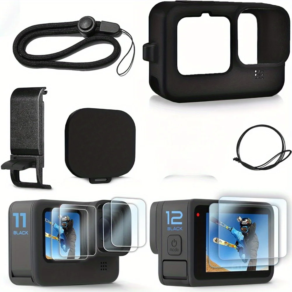 Custodia In Silicone Nero Per Gopro Hero 12/Hero 11/10/9 Black Battery Side Cover Proteggi Schermo Cappucci Per Lenti Kit Di Accessori