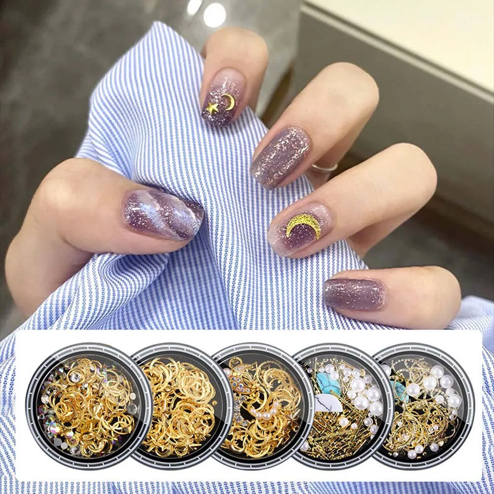 Ciondoli Per Manicure Silver Moon Lines Nail Rhinestone Rivet Nail Jewelry Nail Metal Stud Nail Glitter Flakes Decorazioni Per Unghie 3D