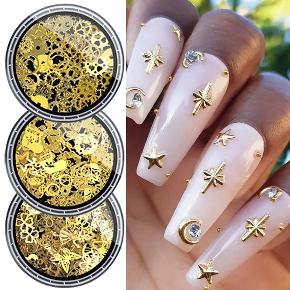 Oro Luna Chiodo Strass Rivetto Accessori Per Manicure Chiodo Metallo Stud Chiodo Glitter Fiocchi Gioielli Per Unghie Decorazioni Per Unghie 3D