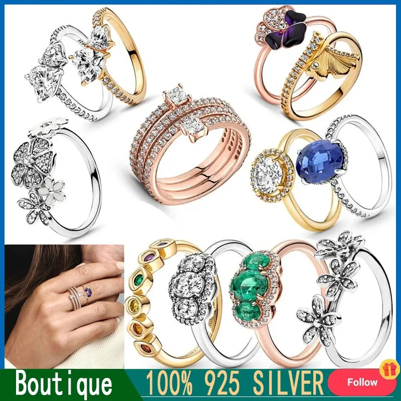 Anello Vintage Da Donna % 925 Argento Scintillante Tre Colori Giglio Viola Singola Fila Zircone Spirale Tre Pietre Anello Logo Originale
