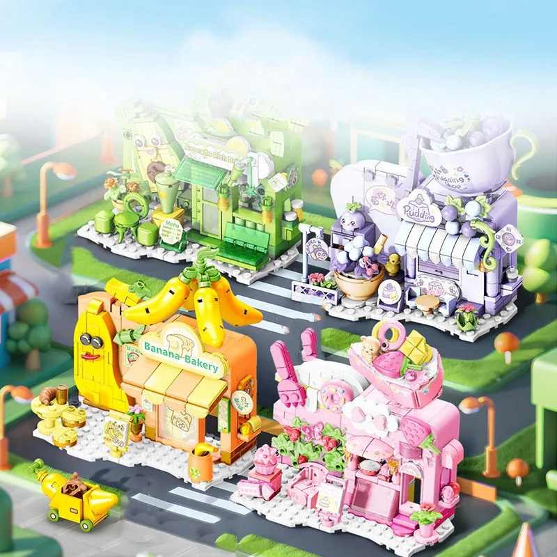 City Street View Fruit Dessert Shop Build Block Banana Bakery Torta Alla Fragola Avocado Drink Uva Budino Figure Mattoni Giocattoli