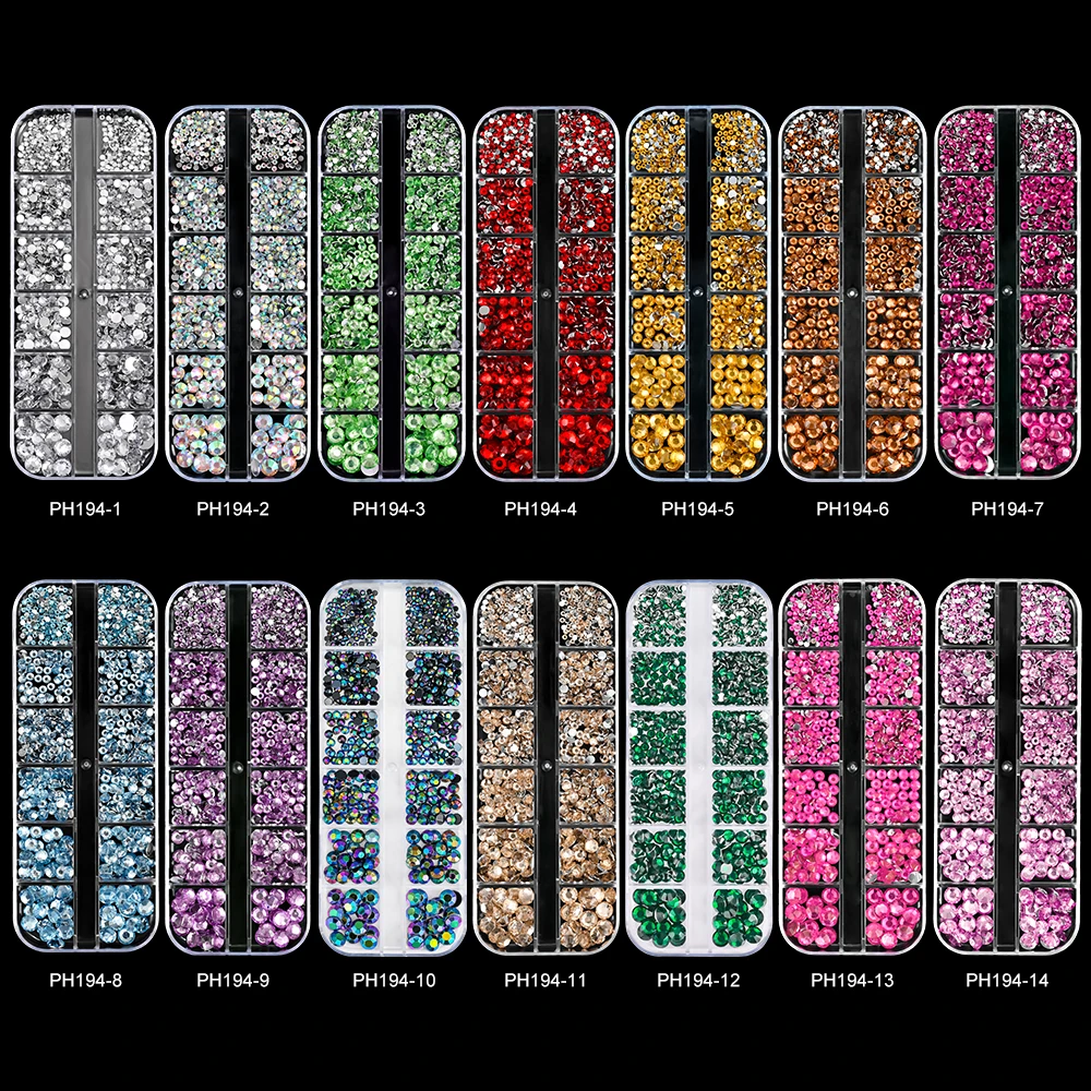 12Gird 3D Glass Ab Crystal Nail Art Strass Kit Flatback Round Bead Charm Gemma Pietre Gioielli Diamante Con Strumenti Per Nail Art