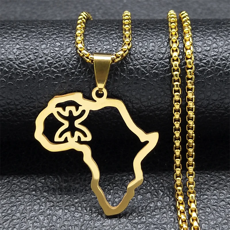 Africa Map Berber Amazigh Collane Per Donna Uomo Acciaio Inossidabile Color Oro Collana Con Ciondolo Etnico Gioielli Collier Muslimah