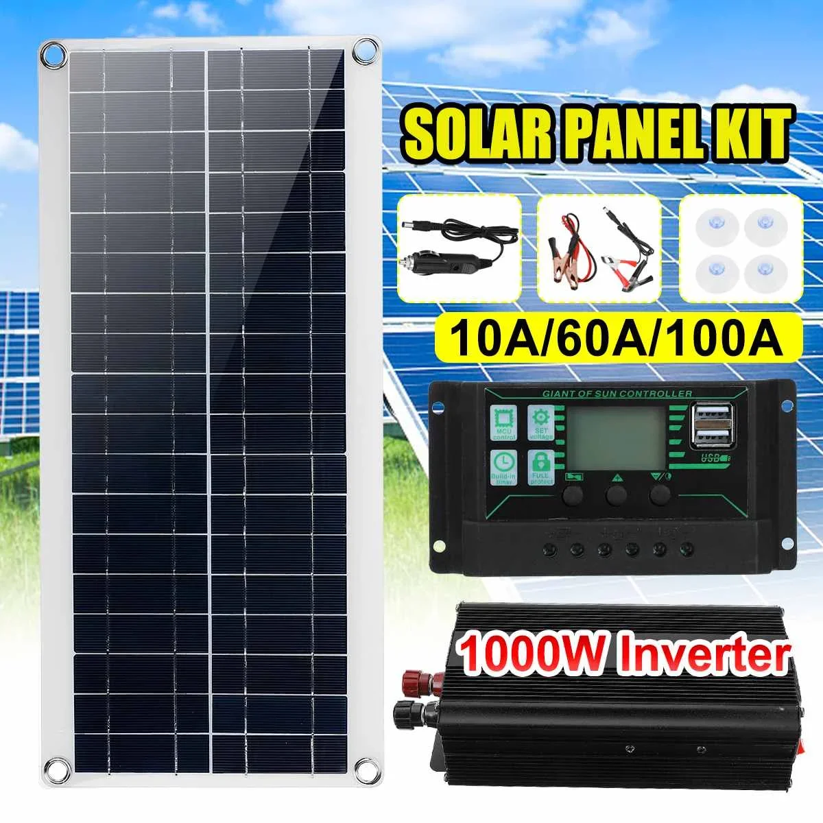 Kit Sistema Inverter Pannello Solare, 1000W, 12V, Auto, Furgone, Barca, Camper, Caricabatteria, Controller Inverter 1000W, 10A, 60A, 100A