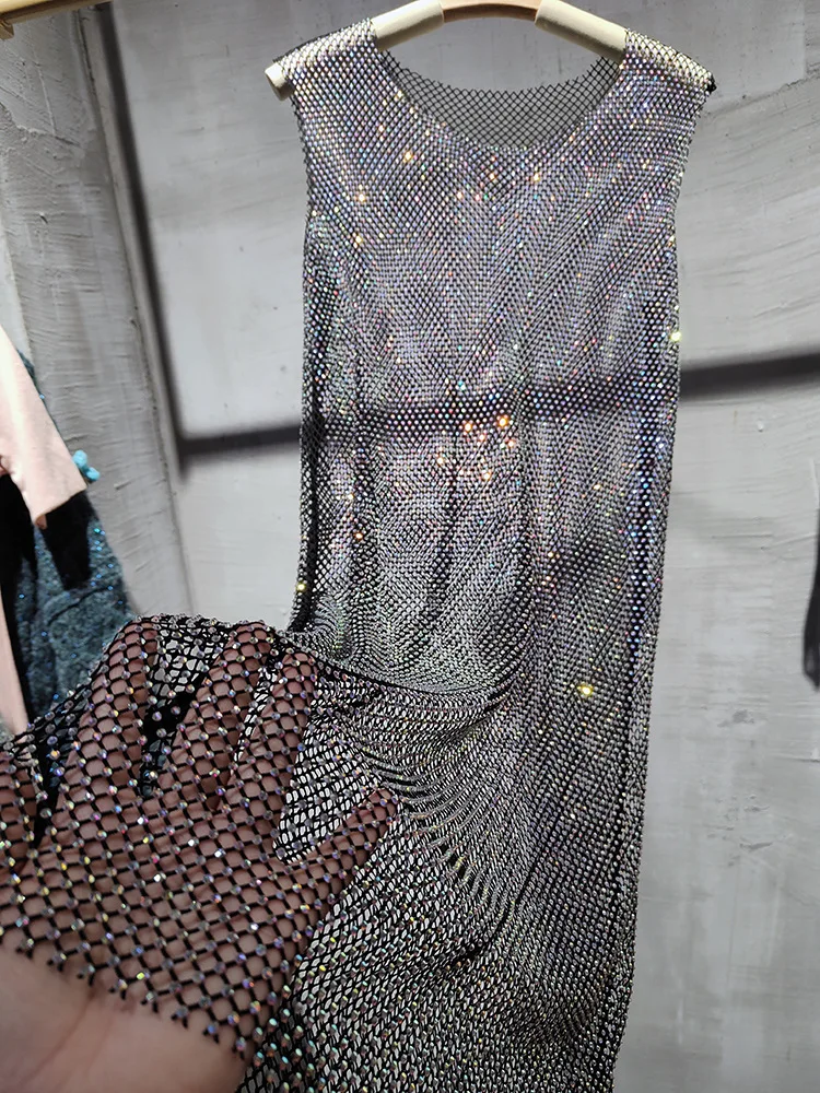 Mesh Diamond Crystal Dress Party Dance Disc Sparkling Vestido Midi Elegante Sexy Dress Women Club Sexy See Through Dress Women