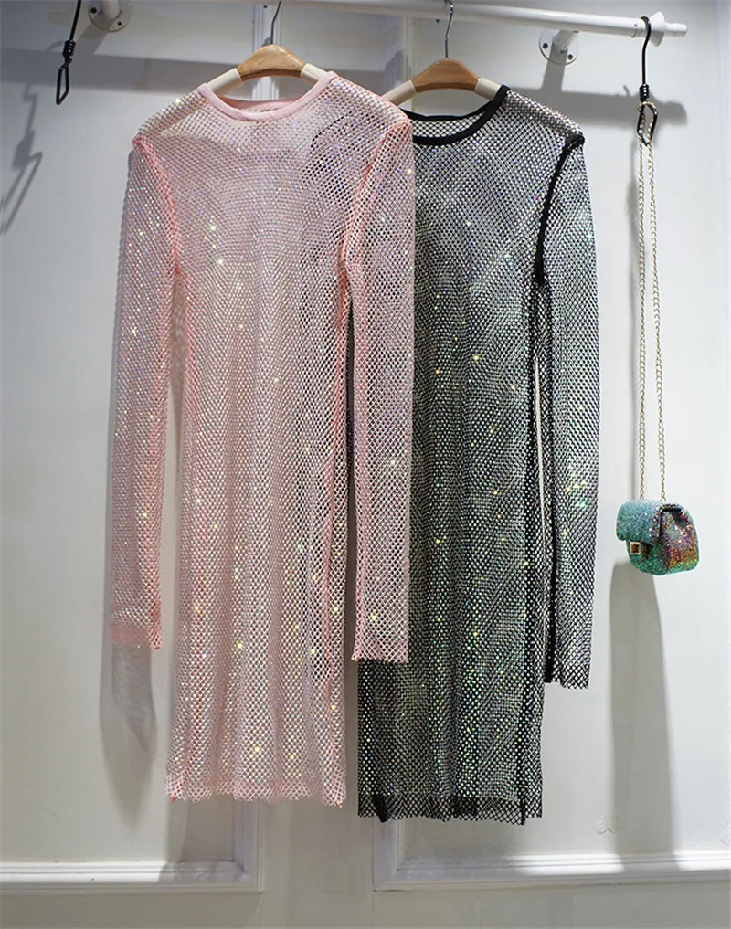 Shiny Diamonds Beading Hollow Out Slim Abito Di Media Lunghezza See-Through Hollow Abito Da Sera T-Shirt Wild Bag Hip Gonna Donna