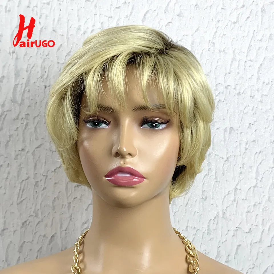 T4/613 Parrucche Pixie Cut Parrucche Glueless Parrucche Bionde Bionde Corte Fatte A Macchina Con Frangia Parrucche Di Capelli Umani Ricci Remy Pixie C