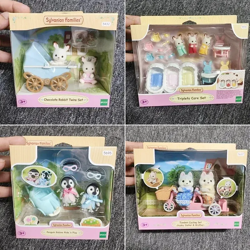 Hot Anime Sylvanian Family Girl Figures Cute Plushies Furniture Set Chocolate Rabbit Twins Pvc Room Decoration Gift Toys