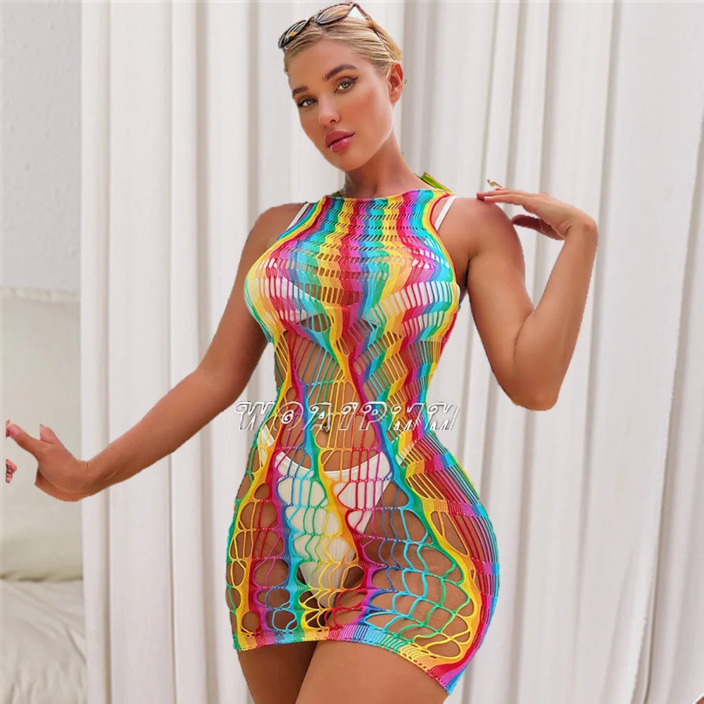 Mini Abito Da Donna Color Arcobaleno Stretto Lingerie Costume Rete Erotica Trasparente Abbigliamento Da Spiaggia Donna Hollow See Through Short Skirt