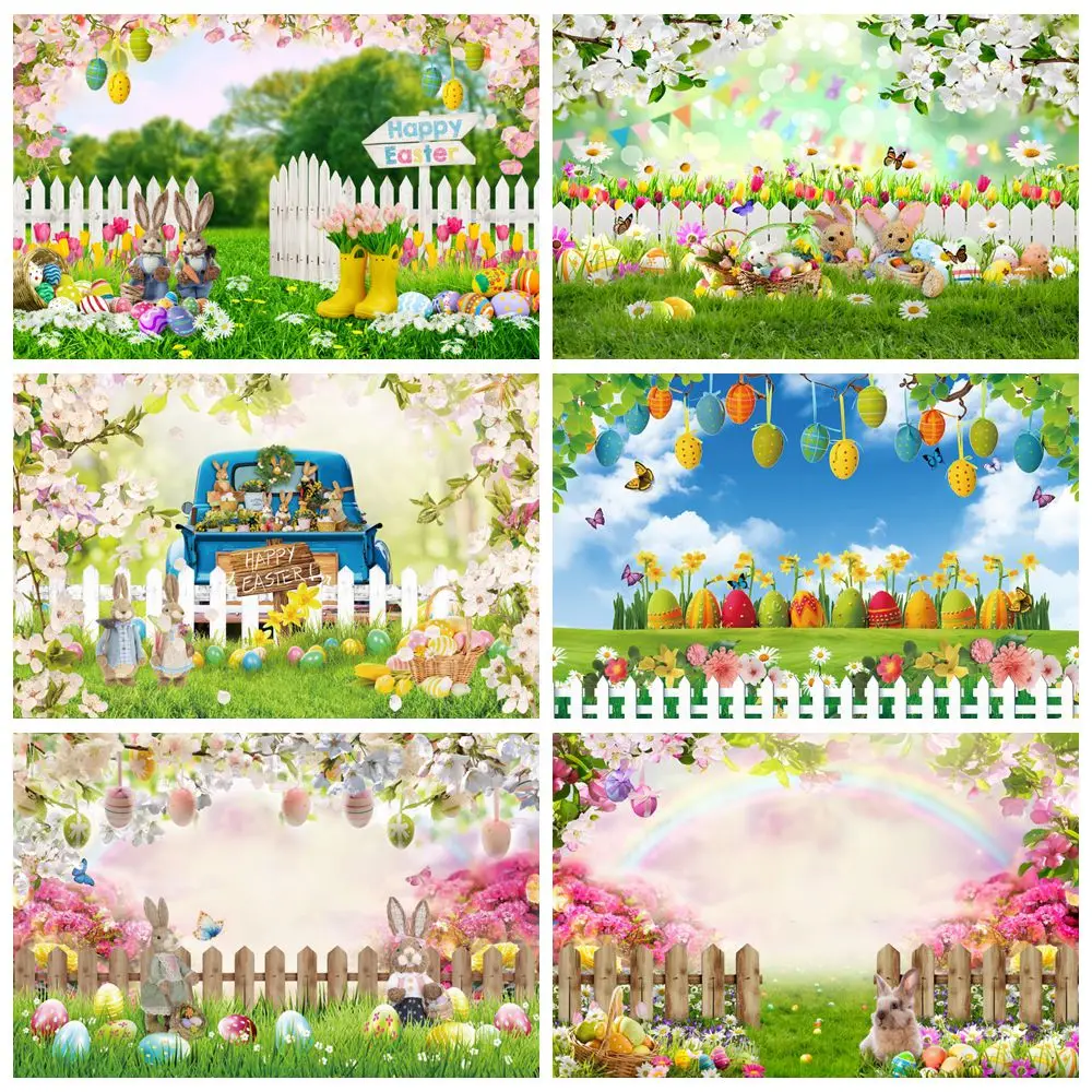 Fondale Pasquale Spring Garden Rabbit Fence Green Grass Uova Colorate Bunny Floral Neonato Easter Party Photography Background