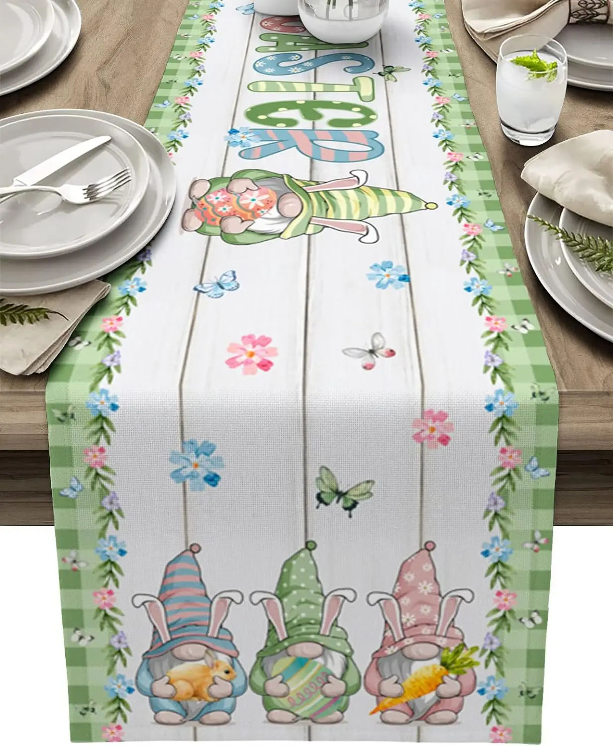 Easter Table Runner Eggs Gnome Green Buffalo Plaid Per La Decorazione Del Tavolino Runner Da Tavola In Lino Farmhouse Dining Party Decor