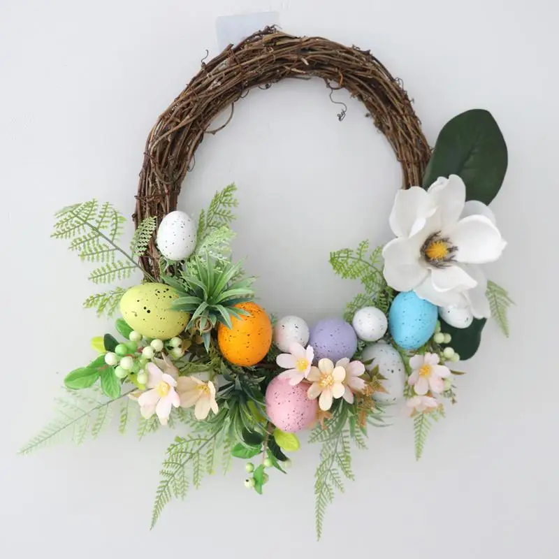 45Cm Bunny Easter Colorful Egg Wreath Door Wall Hanging Pendenti Simulato Green Plant Egg Happy Easter Day Party Decor Per La Casa