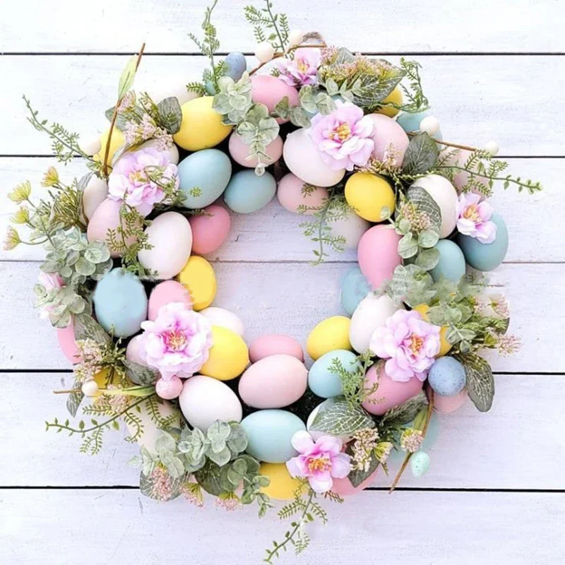 45Cm Bunny Easter Colorful Egg Wreath Door Wall Hanging Pendenti Simulato Green Plant Egg Happy Easter Day Party Decor Per La Casa