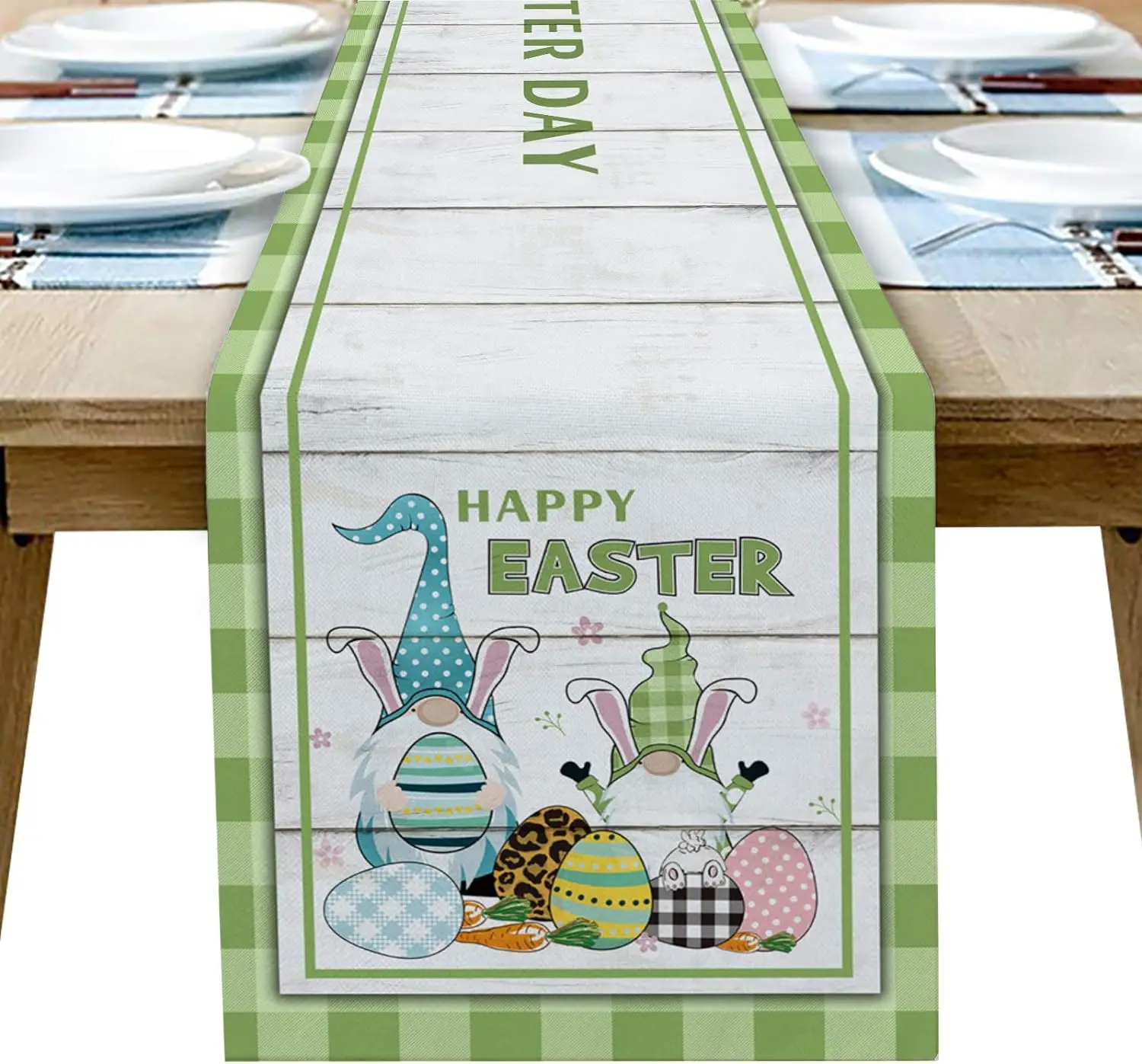 Easter Bunny Ear Egg Gnome Spring Plant Green Plaid Runner Da Tavola In Lino Per Cucina Family Dining Holiday Party Table Decor