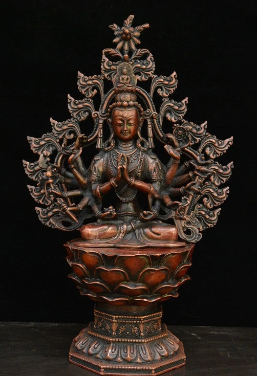 12 "Tibet Buddismo Bronzo 16 Braccio Cenresi Dea Buddha Avalokiteshvara Statua